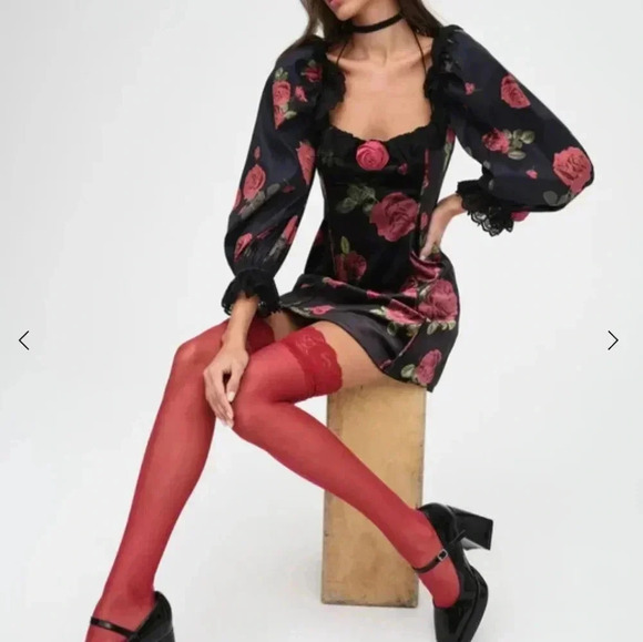 For Love and Lemons Yara Mini Dress Floral Roses Whimsy Goth Black Red XS - Picture 5 of 5
